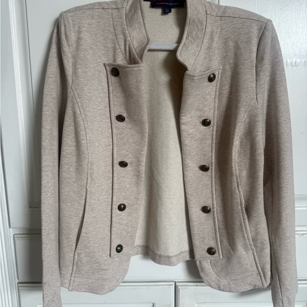 Tommy Hilfiger Knit Blazer Jacket Large Beige Button Front Military Style Women
